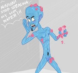 2022 alien alien_humanoid bald bathing blue_body blue_skin cuntboy cuntboy_only dreamworks dreamworks_animation english_text hi_res humanoid intersex male megamind megamind_(character) misterspectacular navel nipples nude open_mouth soap soap_bubbles solo suds text