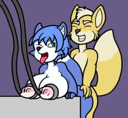 2017 anthro areola big_breasts blue_fur blue_hair blush breast_milking breasts canine digital_media_(artwork) duo female fox fox_mccloud fur hair huge_breasts krystal lactation machine male mammal milking_machine mr.under nintendo nipples nude sex simple_background smile star_fox tongue video_games white_fur