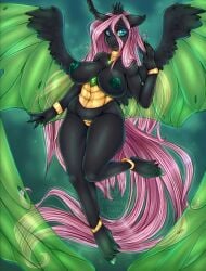2025 anthro areola arthropod artist_name breasts changeling cheezayballz digital_media_(artwork) eyebrows eyelashes female fingers fluttershy_(mlp) friendship_is_magic fusion hasbro hi_res horn looking_at_viewer my_little_pony nipples queen_chrysalis_(mlp) solo text wings