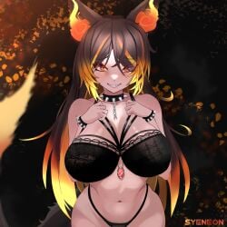 1girls absurdres animal_ears artist_name black_bra black_collar black_panties blonde_hair bra breasts brown_hair collar collarbone english_commentary female fiery_ears gem gradient_hair highres indie_virtual_youtuber large_breasts long_hair looking_at_viewer multicolored_hair navel orange_eyes orange_hair panties red_gemstone sinder_(vtuber) smile solo spiked_collar spiked_cuffs spikes streaked_hair syeneon tail twitch underwear virtual_youtuber vtuber wolf_ears wolf_girl wolf_tail youtube youtuber