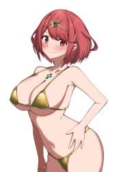 absurd_res alluring aotsuba big_breasts bikini chest_jewel collarbone core_crystal cowboy_shot earrings female gold_bikini heroine high_res jewelry milf nintendo pyra red_eyes red_hair short_hair simple_background swimsuit tiara white_background xenoblade_(series) xenoblade_chronicles_2