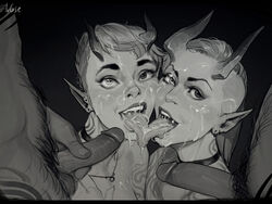 2boys 2girls after_fellatio after_oral cum cum_on_face cum_on_tongue demon erection facial female greyscale heterochromia horizontal_pupils horns incase male monochrome multiple_penises open_mouth penis pointy_ears short_hair short_hair_female straight tongue tongue_out tongue_to_tongue