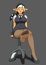 1girls barefoot black_hair braid commission dungeons_and_dragons feet_up female female_only foot_fetish freckles green_eyes grey_background high_heels hobgoblin large_breasts misaeldm office_lady orange_body original_character panties panties_under_pantyhose pantyhose pencil_skirt pointy_ears smile tie upskirt vest wheelchair white_hair white_panties