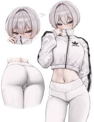 absurdres adidas ass blue_eyes blush brand_name_imitation breasts commentary_request cowboy_shot cropped_jacket female flying_sweatdrops grey_hair gwan-e hair_between_eyes hair_intakes hand_up highres jacket large_breasts long_sleeves looking_at_viewer midriff multiple_views navel original pants puffy_long_sleeves puffy_sleeves short_hair simple_background turtleneck turtleneck_jacket white_background white_jacket white_pants