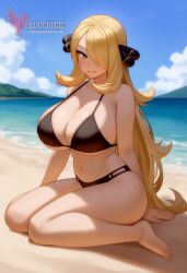 1girls 2d ai_generated ass barefeet beach big_ass big_breasts bikini blonde_hair breasts cynthia_(pokemon) erophoenix feet female female_focus full_body long_hair looking_at_viewer looking_back milf nintendo nude older_woman pale_skinned_female patreon_username pokemon pokemon_dppt smile soles solo solo_female sweat swimsuit thick thick_thighs toes uncensored voluptuous