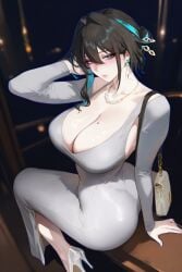 abucg ai_generated big_ass cleavage_overflow female female_only grey_dress huge_breasts milf pixiv ruan_mei_(honkai:_star_rail) tagme tight_clothing tight_dress