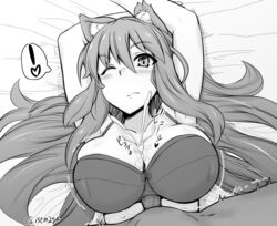 animal_ears arms_behind_head blush bouncing_breasts bow bow_bra bra breasts cleavage cum cum_on_body cum_on_breasts cum_on_upper_body ejaculation fate/extra_ccc_fox_tail fate/grand_order fate_(series) fox_ears greyscale isemagu large_breasts long_hair looking_at_viewer lying monochrome on_back one_eye_closed paizuri paizuri_under_clothes penis skindentation solo_focus straddling straight suzuka_gozen_(fate) uncensored underwear very_long_hair wince