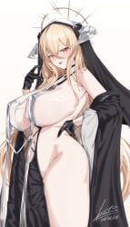 artist_request azur_lane black_gloves black_veil blonde_hair breast_cutout breasts esto_0079 fake_horns female gloves hair_between_eyes halo highres horns huge_breasts implacable_(azur_lane) long_bangs long_hair long_hair_between_eyes navel nun pelvic_curtain revealing_clothes simple_background solo veil very_long_hair white_background white_horns