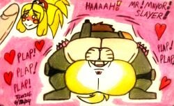 animal_crossing anthro anthro_penetrated anus canid canine crossover doom_(series) doom_slayer female from_front_position genitals hi_res human human_on_anthro human_penetrating human_penetrating_anthro id_software interspecies isabelle_(animal_crossing) male male/female mammal mating_press microsoft nintendo penetration pussy sex theloanwanderer216 tlw216 traditional_media_(artwork) vaginal_penetration vaginal_penetration