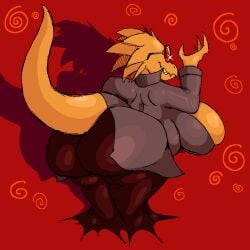 1:1 absurd_res alphys alphys_(underfell) anthro ass big_breasts big_butt big_tail boss_monster_(undertale) breasts claws clothing coat dinosaur dress evil_grin eyewear female freckles glasses hi_res huge_breasts huge_butt lab_coat non-mammal_breasts overweight overweight_anthro overweight_female prehistoric_species raised_hand reptile scalie sharp_teeth simple_background slightly_chubby smile solo spiral_glasses tail teeth thick_thighs thornus69_(artist) topwear underfell undertale undertale_(series) wide_hips yellow_body
