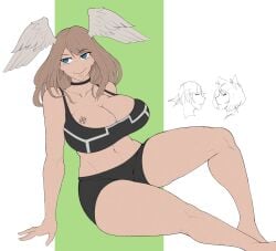 1girls big_breasts blonde_hair blue_eyes choker eunie_(xenoblade) female female_only light-skinned_female shorts sitting smile smoxul solo sports_bra sportswear wings xenoblade_(series) xenoblade_chronicles_3