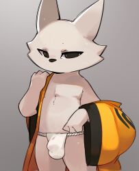 anthro balls biped black_eyes black_nose bulge clothed clothing detailed_bulge domestic_cat felid feline felis fur genital_outline genitals glistening glistening_body grey_background half-erect hi_res looking_at_viewer male mammal nine_sols penis penis_outline red_candle_games robe simple_background skimpy smite_(artist) solarian solo standing white_body white_fur yi_(nine_sols)