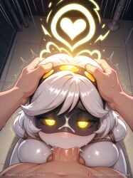 1boy 1boy1girl 1girls ai_generated blowjob blush bondage captured cum cum_from_mouth deep_penetration deepthroat embarrassed female from_above glitch_productions glowing_eyes half-closed_eyes hands_on_head heart-shaped_pupils heart_symbol hearts_around_head human intersex interspecies irrumatio light-skinned_male lustful_mind male metal_skin murder_drones nipples oral_sex patreon_username penis penis_in_mouth pov robot_girl robot_on_human saliva sweat tagme tied twitter_username v_(murder_drones) veiny_penis viewed_from_above white_hair white_skin yellow_eyes