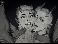 2boys 2girls after_fellatio after_oral cum cum_on_face cum_on_tongue demon erection facial female greyscale heterochromia horizontal_pupils horns incase male monochrome multiple_penises open_mouth penis pointy_ears short_hair short_hair_female straight tongue tongue_out tongue_to_tongue