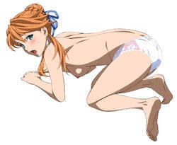 all_fours ass barefoot blue_eyes blush breasts earrings female laxia_(ys) long_hair looking_at_viewer medium_breasts mokke nipples open_mouth orange_hair panties sideboob simple_background soles solo toes topless white_background white_panties ys ys_viii_lacrimosa_of_dana