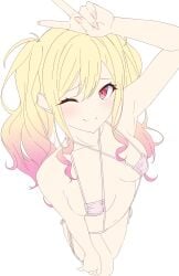 1girls bikini blonde_hair blush breasts eyepatch_bikini female female_only gradient_hair hair_between_eyes light-skinned_female light_skin long_hair medium_breasts multicolored_hair peace_sign pink_eyes pink_hair project_sekai simple_background smile solo swimsuit tenma_saki tied_hair v white_background zs0521
