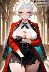 ai_generated bangs black_clothes black_gloves black_jacket black_skirt blunt_bangs blush breasts buttons cape cleavage closed_mouth clothing coat collared_shirt covering covering_breasts covering_privates dress_shirt female female female_only frown gloves high-waist_skirt honebami_miroslava indoors jacket jennieart02 kakegurui large_breasts legwear long_hair long_sleeves looking_at_viewer makeup miniskirt miroslava_honebami mole open_clothes open_coat patreon patreon_logo patreon_username red_coat shiny_skin shirt skirt solo standing sweat thighs torn_clothes torn_shirt torn_skirt twitter twitter_username underwear v-shaped_eyebrows watermark white_hair white_shirt yellow_eyes