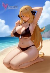 1girls 2d ai_generated ass barefeet beach big_ass big_breasts bikini blonde_hair breasts cynthia_(pokemon) erophoenix feet female female_focus full_body long_hair looking_at_viewer looking_back milf nintendo nude older_woman pale_skinned_female patreon_username pokemon pokemon_dppt smile soles solo solo_female sweat swimsuit thick thick_thighs toes uncensored voluptuous