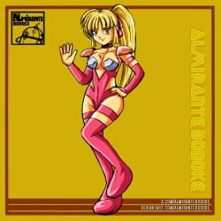 almirantebodoke artist_request blonde_female blonde_hair blue_eyes boob_armor boots breasts choker collarbone fingerless_gloves greeting hair_ribbon hand_on_own_hip large_breasts leotard long_hair long_sleeves looking_at_viewer low_neckline new_adventures_of_megaman novas_aventuras_de_megaman ponytail ribbon roll shoulder_armor sidelocks signature simple_background smile thigh_boots yellow_background