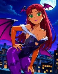 2025 ai_generated capcom cartoon_network city cosplay cosplayer darkstalkers dc deviantart elryusam green_eyes hand_on_hip hand_on_knee hand_on_leg looking_at_viewer meta morrigan_aensland morrigan_aensland_(cosplay) mouth_closed not_porn orange_body orange_skin purple_lipstick red_cheeks red_eyebrows red_hair_female smile_at_viewer smiling_at_viewer starfire_(teen_titans) teen_titans