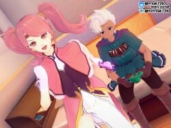 1boy 1girls accessory bare_thighs bed bedroom boey_(fire_emblem) book boots breasts brown_eyes cape controller dark-skinned_male dark_skin desk dress fefreak726 fire_emblem fire_emblem_echoes:_shadows_of_valentia game_controller gaming gloves hand_up headband indoors large_breasts mae_(fire_emblem) medium_hair nintendo on_bed open_mouth pale-skinned_female pale_skin pants pink_hair red_eyes short_hair side_slit sitting smile thighs tiptoes twintails white_hair