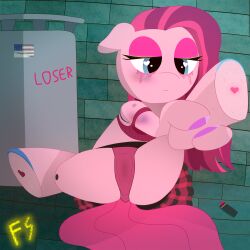 1:1 1girls absurd_res amputee bottomwear bruised bruised_arm bruised_eye camel_toe clothed clothing disability female feral fishnet_clothing fishnet_topwear friendship_is_magic fskindness hasbro hi_res makeup my_little_pony pinkie_pie_(mlp) prosthetic prosthetic_limb running_makeup sad skirt solo topwear translucent translucent_clothing trash_can upskirt