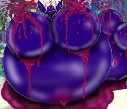 2girls aroused blue_hair blue_nose blue_skin blueberry_inflation blueberry_juice female ganyu_(genshin_impact) genshin_impact hoyoverse huge_belly huge_breasts immobile juice lactating_nipples lactation leaking_juice leaking_nipples massive_breasts mihoyo naked ningguang_(genshin_impact) northkelp nude_female outie_navel puddle puffy_cheeks pussy sequence spherical_inflation squirting sunken_head sunken_limbs white_hair