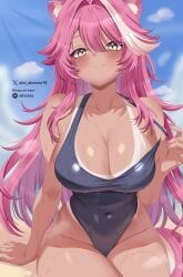 :3 animal_ears bare_shoulders blue_one-piece_swimsuit blue_sky blush breasts cleavage closed_mouth cloud cloudy_sky collarbone commentary covered_navel day english_commentary eyeshadow female fingernails groin hair_intakes highres hololive hololive_english huge_breasts long_hair looking_at_viewer makeup multicolored_hair nail_polish oioi_ainomo one-piece_swimsuit outdoors panther_ears panther_girl panther_tail patreon_username pink_hair pink_nails pulling_own_clothes raora_panthera red_eyeshadow sitting sky smile solo strap_pull streaked_hair swimsuit tail tan tanlines thighs twitter_username two-tone_hair virtual_youtuber yellow_eyes youtube