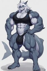 ai_generated black_claws dat_ass feet fish grey_scales hyper_muscles marine original_character shark shark_boy sharp_claws sharp_teeth thicc thong white_hair white_underbelly