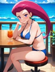 2025 4kids_entertainment ai_generated anime beach belly blue_bikini boobs_on_table breasts_on_table city deviantart elryusam female green_earrings hand_on_head hand_on_table jessie_(pokemon) looking_at_viewer meta mouth_closed nintendo not_porn object_on_table orange_cheeks pink_eyebrows pink_hair_female pokemon purple_eyes red_lipstick sitting_on_chair smile_at_viewer smiling_at_viewer team_rocket tummy