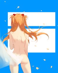 1girls 1zayoihypoxia absurdres ass back blue_background completely_nude convenient_censoring curtains facing_away falling_petals female from_behind hairpods highres long_hair neon_genesis_evangelion nude orange_hair petals shoulder_blades simple_background solo souryuu_asuka_langley thighs two_side_up very_long_hair zenra
