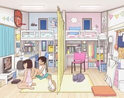 1boy blue_male_underwear breasts brother_and_sister brown_hair camisole carpet chabudai_(table) chair completely_nude curtains desk feline female female_pubic_hair fixed-point_camera indoors kiyo_(kyokyo1220) korilakkuma loaded_interior loft_bed male_underwear mirror nipples nude on_floor ootani_shouhei original panties pink_camisole pornography poster_(object) pubic_hair reflection rilakkuma san-x shirt short_hair siblings sitting small_breasts smile stuffed_animal stuffed_toy table teddy_bear television time_lapse tissue_box towel underwear watching_television white_panties white_shirt window