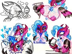 1_eye absurd_res anthro avian beak big_breasts big_nipples bird blue_hair blue_tongue body_hair breasts chest_hair chest_tuft container cup curly_hair domestic_pig electric_razor expression_sheet expressions fellatio fluffy fluffy_chest group hair heart_eyes heart_symbol hi_res hybrid long_hair male mammal meme_pose metal_bondage mug nipples notched_ear oral overweight overweight_male panick_(regazz) penile pervnamedregazz pink_body razor sex shaven solo suid suine sus_(pig) tongue tools traditional_media_(artwork) tuft tusks