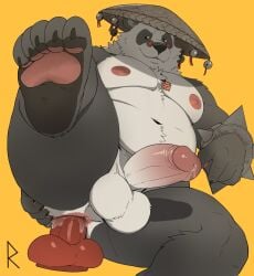 1boy anal animal_ears anus artist_logo ass bara bare_pectorals bell belly biceps black_fur bracelet claws dildo english_commentary erection fangs fangs_out fat furry furry_male highres jewelry jingle_bell logo looking_at_viewer male_focus multicolored_fur navel nipples pan_yinhu panda_boy panda_ears parted_lips pawpads pectoral_cleavage pectorals penis plump precum ragnadope round_eyewear sex_toy smile spiked_bracelet spikes spread_anus spreading_own_ass suggestive_fluid testicles white_fur wok yaoi yellow_background zenless_zone_zero