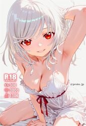 ai_generated alternate_breast_size arm_up armpits bare_arms bare_legs bare_shoulders bare_thighs big_breasts blush breasts cleavage collarbone dress medium_hair monogatari_(series) parted_lips proto_jp red_eyes sengoku_nadeko sleeveless_dress smile snake_hair thighs wariza white_hair