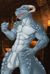 abs anthro balls biceps big_penis blue_scales fangs flaccid horn humanoid_penis male male_only nude open_mouth orange_eyes pecs penis portrait reptile saruuk scales scalie solo standing teeth three-quarter_portrait tongue triceps uncut vein veiny_balls veiny_penis