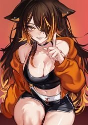 absurdres animal_ears armpit_crease bare_shoulders black_choker black_shorts black_tank_top breasts brown_hair choker cleavage collarbone commentary crop_top dolphin_shorts english_commentary eyelashes female grin hair_over_one_eye highres hood hood_down hooded_jacket index_finger_raised indie_virtual_youtuber jacket large_breasts lips long_hair long_sleeves looking_at_viewer loungewear messy_hair midriff multicolored_hair navel one_eye_covered open_clothes open_jacket orange_background orange_eyes orange_hair orange_jacket short_shorts shorts simple_background sinder_(vtuber) sinder_(vtuber)_(pyro_pajamas) sitting smile solo streaked_hair suliavtuber swept_bangs tank_top teeth thick_thighs thighs virtual_youtuber wolf_ears wolf_girl