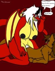absurd_res anthro big_breasts black_horn black_nipples bodily_fluids breasts brown_body brown_fur brown_hair canid canine canis clenched_teeth cowgirl_position cum cum_in_vagina cum_inside dominant dominant_anthro dominant_female dragon duo eyewear female from_front_position fur genital_fluids glasses grin grinning_at_partner hair hi_res hidden_eyes horn larger_female long_tail male male/female mammal mommy_kink mythological_creature mythological_scalie mythology nipples nude on_bottom on_top orange_eyes penetration penile penile_penetration red_body red_scales red_skin reena_dreamer scales scalie sex sharp_teeth short_hair size_difference smile tail teeth thick_thighs wearing_glasses white_hair wings wolf