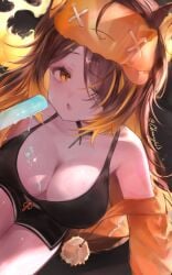 animal_ears black_shorts black_tank_top breasts brown_hair chmoonyka cleavage dripping earrings female fiery_ears fiery_tail food hair_between_eyes highres indie_virtual_youtuber jewelry long_hair mole mole_on_breast multicolored_hair open_mouth orange_eyes orange_hair pom_pom_(clothes) popsicle short_shorts shorts sinder_(vtuber) sinder_(vtuber)_(pyro_pajamas) sleep_mask solo streaked_hair tail tank_top twitter_username virtual_youtuber wolf_ears wolf_girl wolf_tail