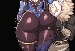1boy 1girls 2d ai_generated ass ass_focus ass_grab ass_worship back_view big_ass black_background civitai claws clothed clothed_female female genshin_impact groping groping_ass hands_on_ass happy head_on_ass head_out_of_frame head_pat headpat heart hilichurl_mask hilichurls_(species) huge_ass large_ass long_hair lower_body male mask masked masked_male mona_(genshin_impact) patting patting_head self_upload simple_background solid_color_background standing straight thick_thighs thin_waist twintails wide_hips