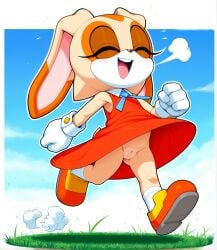absurdres ai_generated animal_ears anthro ass_visible_through_thighs belly brown_nose bunny bunny_ears bunny_girl bunny_tail closed_eyes clothed clothing cream_the_rabbit day dress eyelashes female female_focus female_only female_solo flat_chest floppy_ears fur furry genitals gloves grass happy highres lagomorph leporid mammal no_panties no_underwear open_mouth orange_dress orange_fur outdoors pointy_ears pussy sega shoes sky solo sonic_(series) tail tan_fur teeth tongue walking white_fur white_gloves younger_female