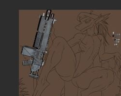 alexen_0 anthro athletic athletic_anthro barracuda beret camel_toe clothing colored crouching cuntboy digital_drawing_(artwork) digital_media_(artwork) fin fish fish_tail flat_chested gun hair hat headgear headwear heavy_bolt_rifle intersex istiophoriform line_art marine ponytail raised_leg ranged_weapon rifle shaded shark_tail simple_background skintight_suit solo standing thick_thighs tight_clothing warhammer_(franchise) warhammer_40000 weapon
