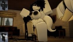 1boy 1girls big_ass big_breasts chair chair_position chair_sex cream cum cum_inside curly_hair dominant_female furry height_difference lizard lizard_girl lizard_tail ninjashyper2 riding riding_penis roblox roblox_avatar roblox_game robloxian submissive_male