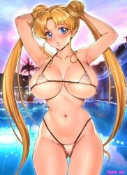 1girls alluring arm_up big_breasts bikini bishoujo_senshi_sailor_moon blonde_hair blue_eyes blush double_bun hair_bun high_res long_hair looking_at_viewer micro_bikini oyaman pool swimming_pool swimsuit usagi_tsukino very_long_hair