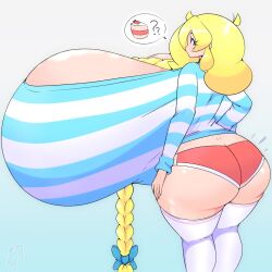 booty_shorts braid cassie_(theycallhimcake) female huge_ass hyper_breasts jpg looking_at_viewer looking_back purpleguyri revealing_clothes riley_moore_(artist) striped_sweater sweater tagme thick_thighs thighhighs twitter_link yellow_hair