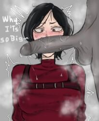 ada_wong azazelinp big_breasts big_penis blush bob_cut brown_eyes dark_skin english_text eyes_open female grey_skin huge_cock monster_cock mr_x red_clothing resident_evil resident_evil_4_remake short_hair