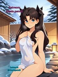 1girls ai ai-created ai_generated ai_hands alexispencil fate/stay_night fate_(series) female nail_polish onsen painted_nails snow tagme tohsaka_rin towel