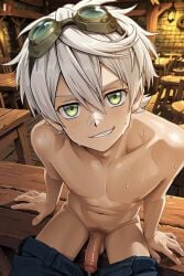 1boy 1male ai_generated balls bennett_(genshin_impact) cock dick gay genshin_impact green_eyes indoor indoors looking_at_viewer male male_only penis precum precum_drip pubic_hair sitting smile smiling smiling_at_viewer solo solo_male sweat tagme tavern testicles white_hair white_hair_male yaoi