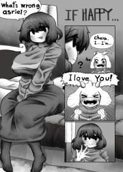 adoptive_siblings aged_up anthro asriel_dreemurr bedroom chara female_chara floppy_ears fluffy_hair furry furry_male horns human human_female if_happy love_confession more_chasriel nervous no_sex no_sex(yet) repost rosy_cheeks short_hair sweatdrop undertale undertale_(series) voluptuous_female white_fur whitewo1f