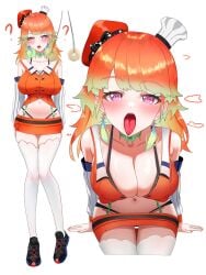 1girls belly_button blush breasts cleavage dadangge hat hololive hololive_english hypnosis hypnotic_eyes inviting_to_oral kneeling mind_control open_mouth orange_hair purple_eyes skirt stockings takanashi_kiara tongue_out virtual_youtuber
